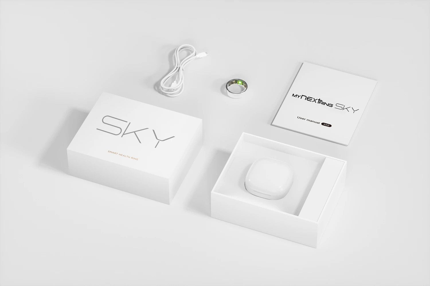 MYnextRING SKY — Lieferumfang mit magnetischer Ladeplatte, USB-C-Kabel, Geschenkbox und Benutzerhandbuch