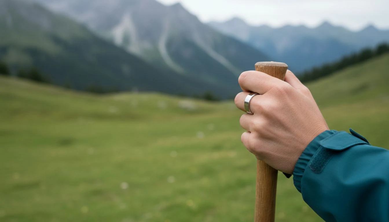 MYnextRING SKY am Wanderstock auf einem Alpen-Pfad, Bergpanorama im Hintergrund